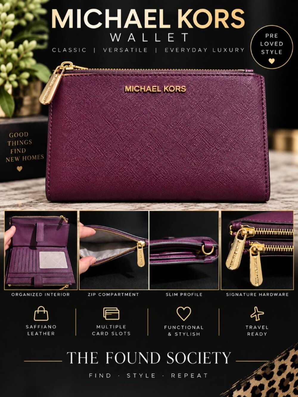 Michael Kors Plum Purple Saffiano Leather Double Zip Wallet Gold